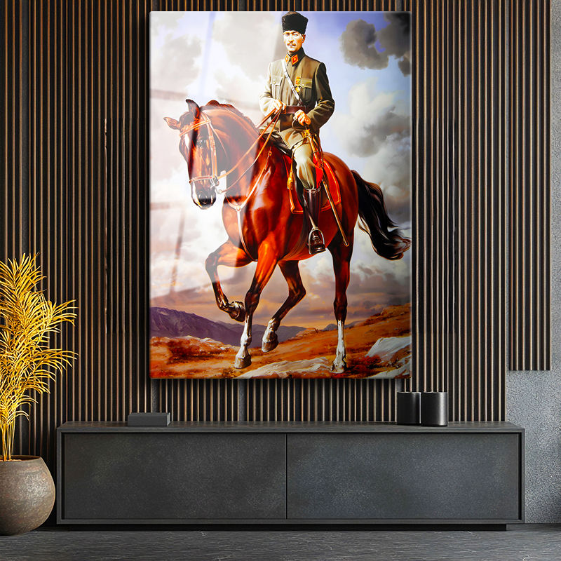 Tamperli Gerçek Cam Tablo Atatürk At Üzerinde Üniforma Atatürk Tablosu Duvar Dekoru