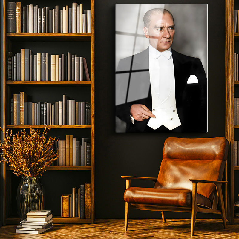 Tamperli Gerçek Cam Tablo Atatürk Beyaz Papyonlu Frak Atatürk Tablosu Duvar Dekoru