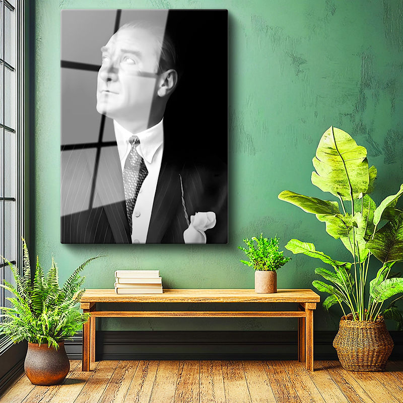 Tamperli Gerçek Cam Tablo Atatürk Desenli Kravat Atatürk Tablosu Duvar Dekoru