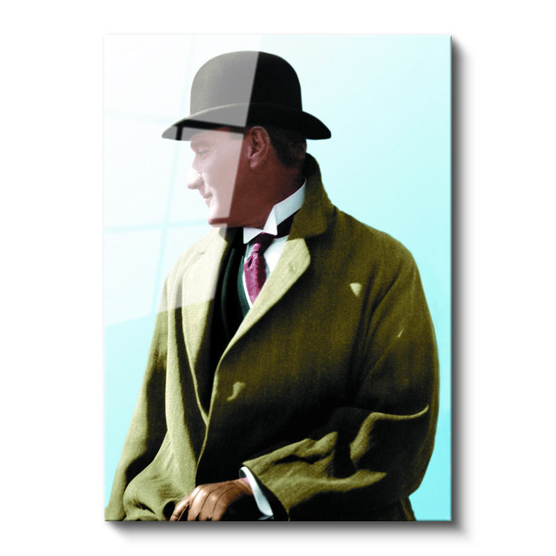Tamperli Gerçek Cam Tablo Atatürk Eldivenli Melon Şapka Atatürk Tablosu Duvar Dekoru