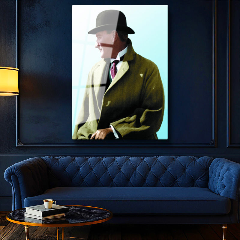 Tamperli Gerçek Cam Tablo Atatürk Eldivenli Melon Şapka Atatürk Tablosu Duvar Dekoru