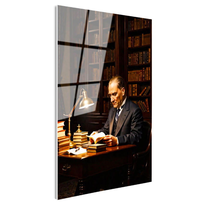 Tamperli Gerçek Cam Tablo Atatürk Kütüphane Kitap Okuma Atatürk Tablosu Duvar Dekoru