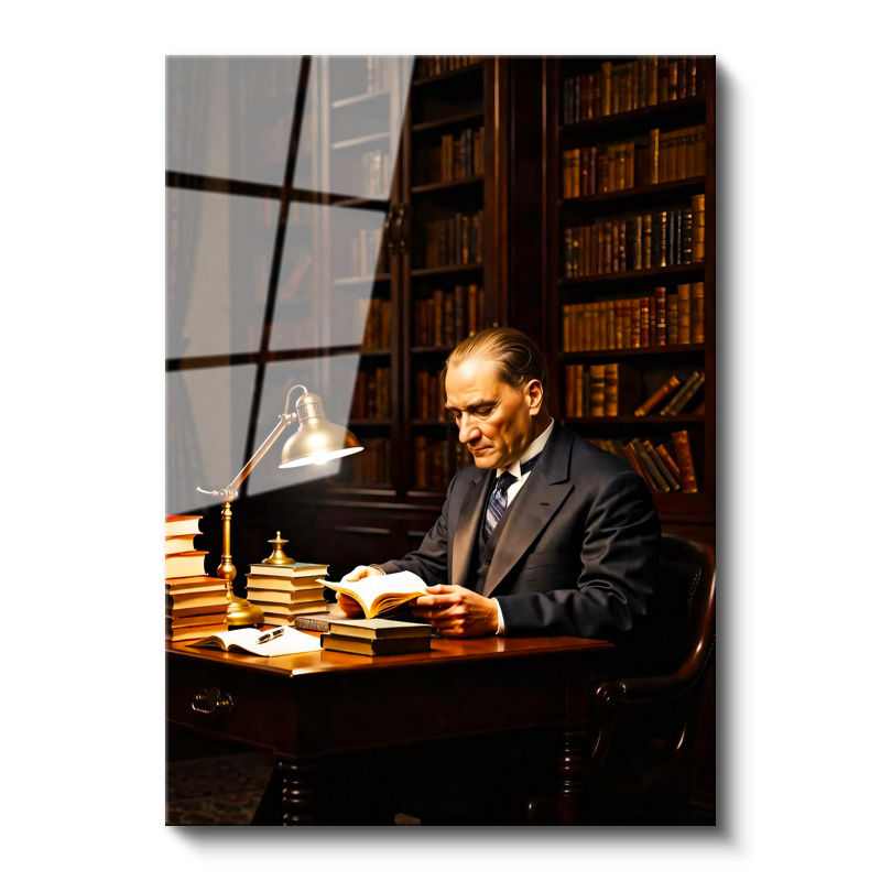 Tamperli Gerçek Cam Tablo Atatürk Kütüphane Kitap Okuma Atatürk Tablosu Duvar Dekoru