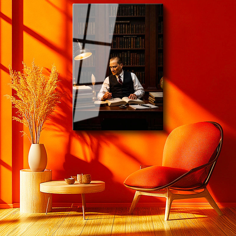 Tamperli Gerçek Cam Tablo Atatürk Makam Çalışma Masası Atatürk Tablosu Duvar Dekoru