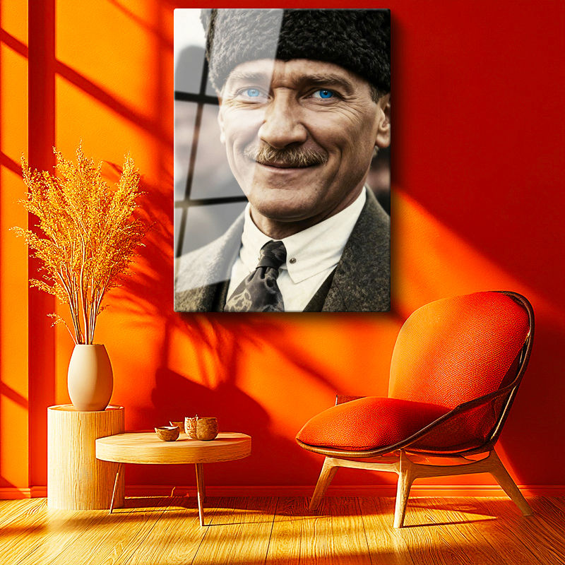 Tamperli Gerçek Cam Tablo Atatürk Kalpaklı Gülümseyen Yüz Atatürk Tablosu Duvar Dekoru