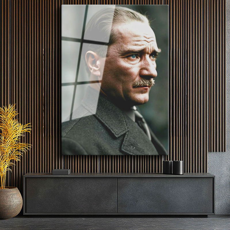 Tamperli Gerçek Cam Tablo Atatürk Asil Duruş Palto Atatürk Tablosu Duvar Dekoru