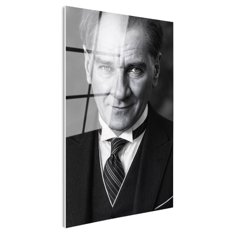 Tamperli Gerçek Cam Tablo Atatürk Çizgili Kravat Klasik Giyim Atatürk Tablosu Duvar Dekoru