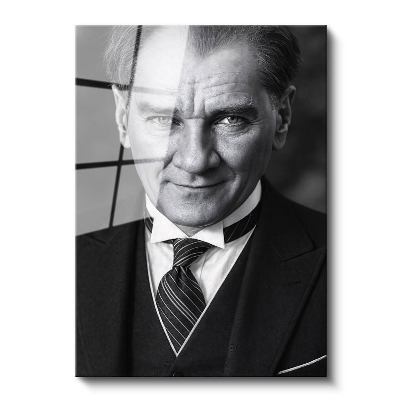 Tamperli Gerçek Cam Tablo Atatürk Çizgili Kravat Klasik Giyim Atatürk Tablosu Duvar Dekoru