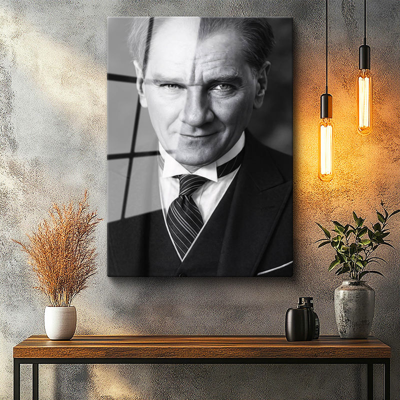 Tamperli Gerçek Cam Tablo Atatürk Çizgili Kravat Klasik Giyim Atatürk Tablosu Duvar Dekoru