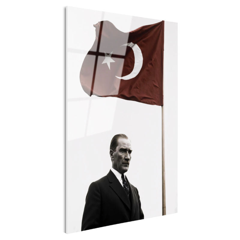 Tamperli Gerçek Cam Tablo Atatürk ve Dalgalanan Türk Bayrağı Atatürk Tablosu Duvar Dekoru