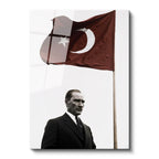 Tamperli Gerçek Cam Tablo Atatürk ve Dalgalanan Türk Bayrağı Atatürk Tablosu Duvar Dekoru