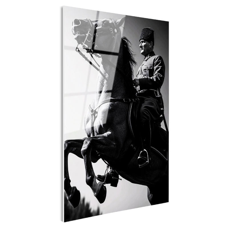 Tamperli Gerçek Cam Tablo Atatürk Üniformalı Şahlanan At Atatürk Tablosu Duvar Dekoru