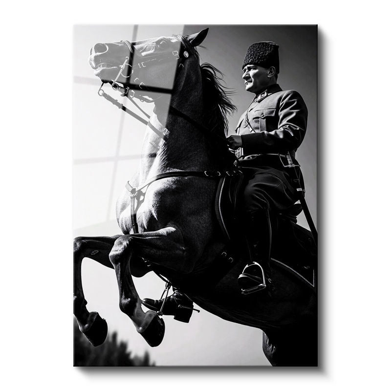Tamperli Gerçek Cam Tablo Atatürk Üniformalı Şahlanan At Atatürk Tablosu Duvar Dekoru