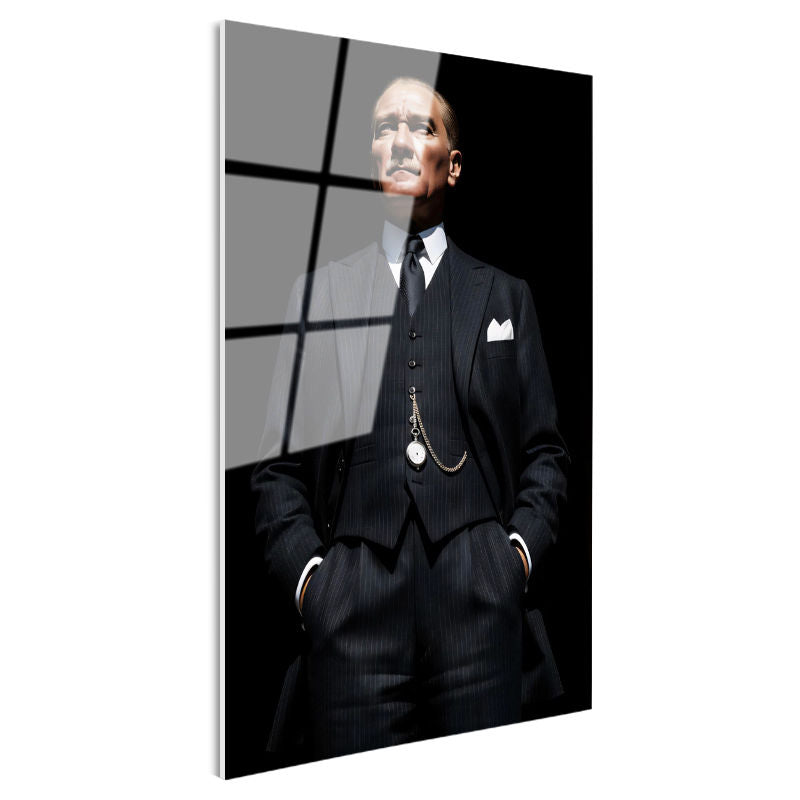 Tamperli Gerçek Cam Tablo Atatürk Yelekli Takım Köstekli Saat Atatürk Tablosu Duvar Dekoru