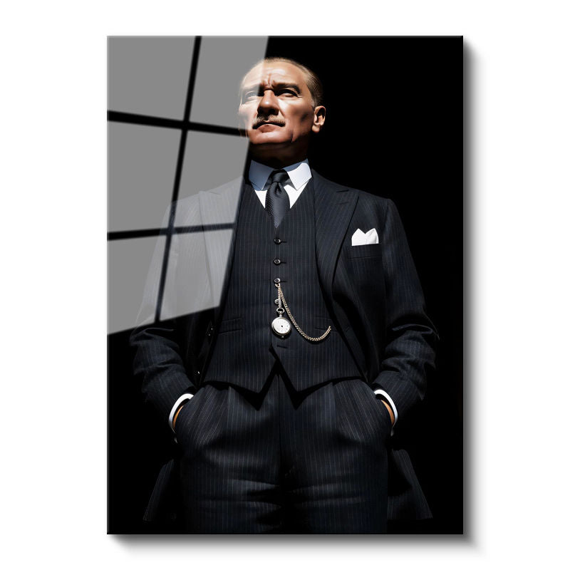 Tamperli Gerçek Cam Tablo Atatürk Yelekli Takım Köstekli Saat Atatürk Tablosu Duvar Dekoru