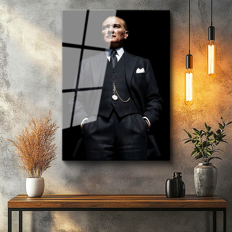 Tamperli Gerçek Cam Tablo Atatürk Yelekli Takım Köstekli Saat Atatürk Tablosu Duvar Dekoru