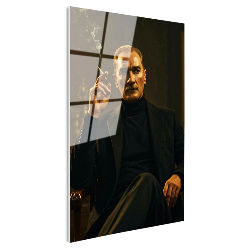Tamperli Gerçek Cam Tablo Atatürk Boğazlı Kazak Ceket Sigara Atatürk Tablosu Duvar Dekoru