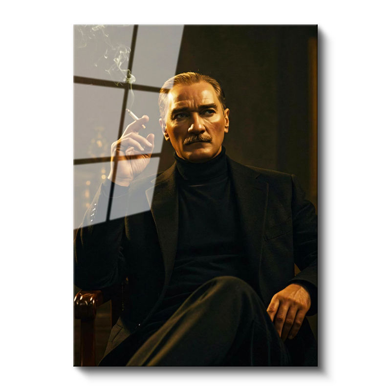 Tamperli Gerçek Cam Tablo Atatürk Boğazlı Kazak Ceket Sigara Atatürk Tablosu Duvar Dekoru