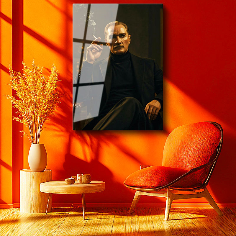 Tamperli Gerçek Cam Tablo Atatürk Boğazlı Kazak Ceket Sigara Atatürk Tablosu Duvar Dekoru