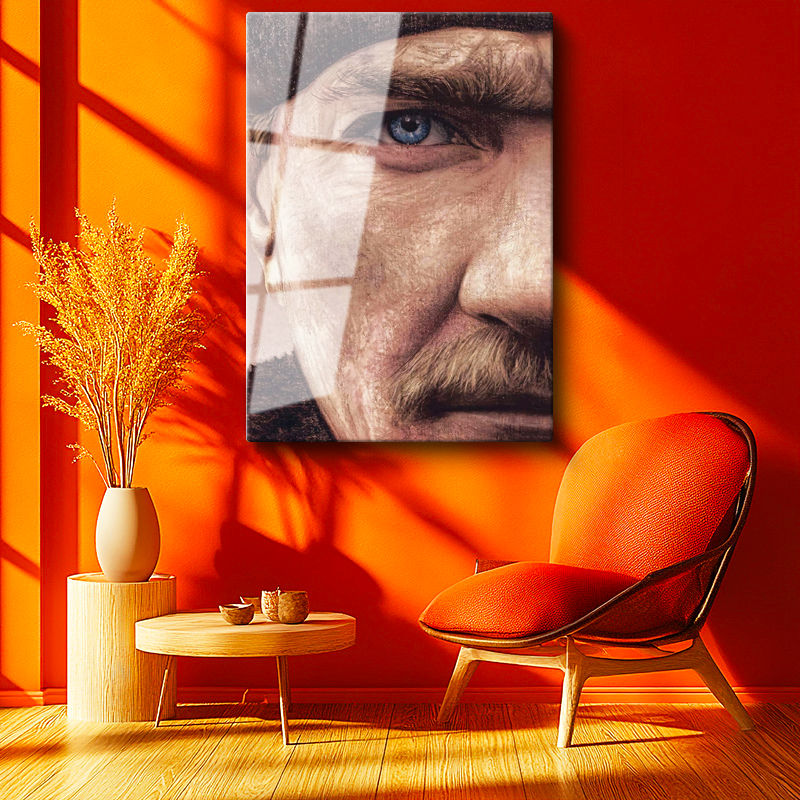 Tamperli Gerçek Cam Tablo Atatürk Detaylı Yüz Hatları Çizim Atatürk Tablosu Duvar Dekoru