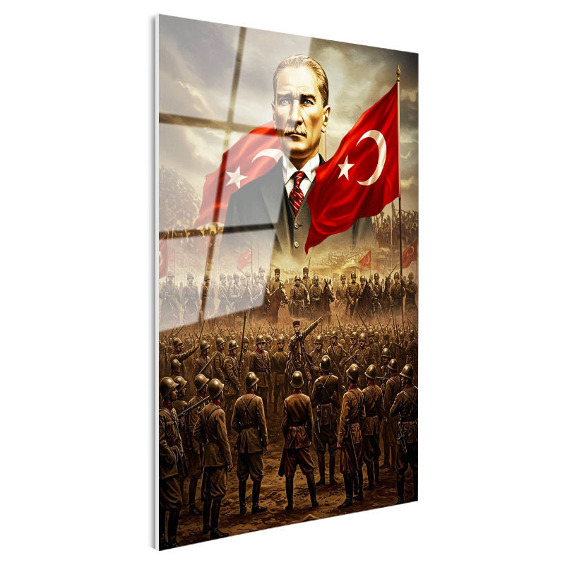 Tamperli Gerçek Cam Tablo Atatürk Kurtuluş Savaşı Ordu Bayrak Atatürk Tablosu Duvar Dekoru