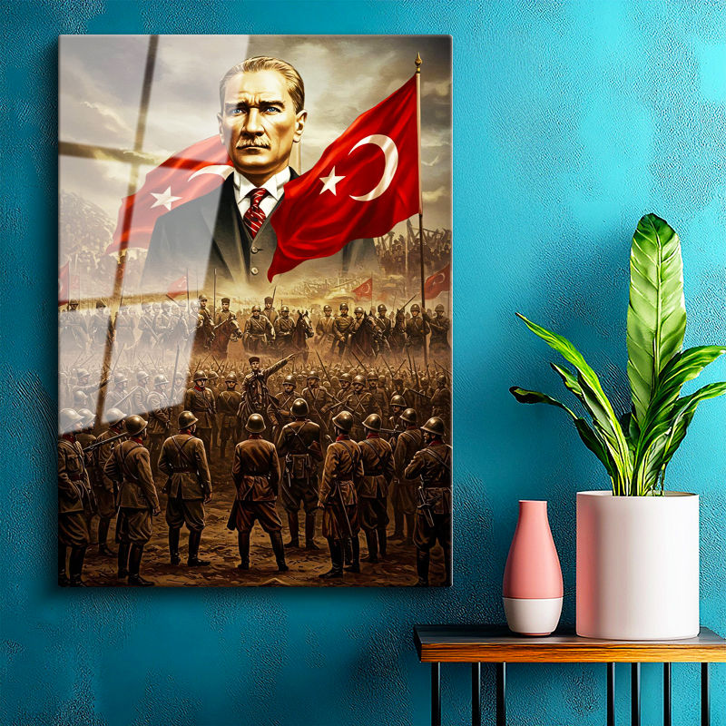 Tamperli Gerçek Cam Tablo Atatürk Kurtuluş Savaşı Ordu Bayrak Atatürk Tablosu Duvar Dekoru