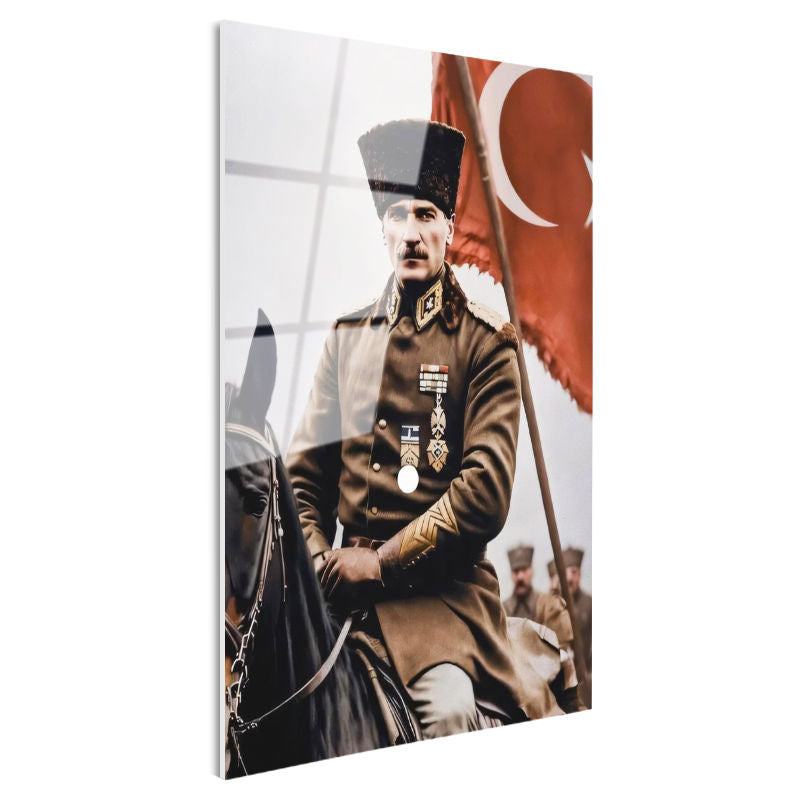 Tamperli Gerçek Cam Tablo Atatürk At Üzerinde Askeri Üniforma Atatürk Tablosu Duvar Dekoru