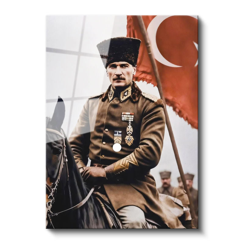 Tamperli Gerçek Cam Tablo Atatürk At Üzerinde Askeri Üniforma Atatürk Tablosu Duvar Dekoru
