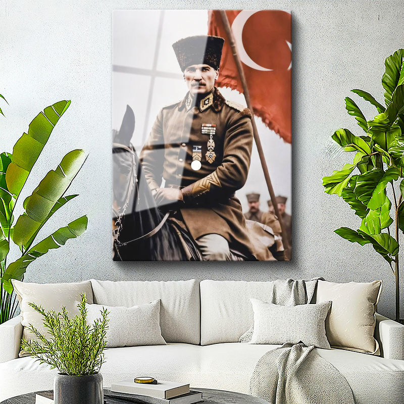Tamperli Gerçek Cam Tablo Atatürk At Üzerinde Askeri Üniforma Atatürk Tablosu Duvar Dekoru
