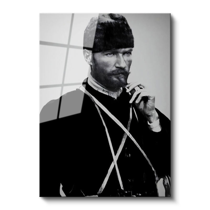 Tamperli Gerçek Cam Tablo Atatürk Sakallı Kalpaklı Nadir Portre Atatürk Tablosu Duvar Dekoru