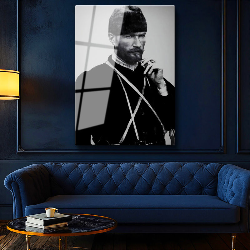 Tamperli Gerçek Cam Tablo Atatürk Sakallı Kalpaklı Nadir Portre Atatürk Tablosu Duvar Dekoru