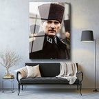 Tamperli Gerçek Cam Tablo Atatürk Resmi Üniforma Kalpaklı Bakış Atatürk Tablosu Duvar Dekoru