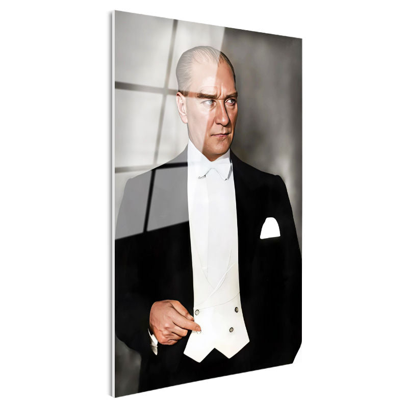 Tamperli Gerçek Cam Tablo Atatürk Smokin Frak Beyaz Yelek Atatürk Tablosu Duvar Dekoru