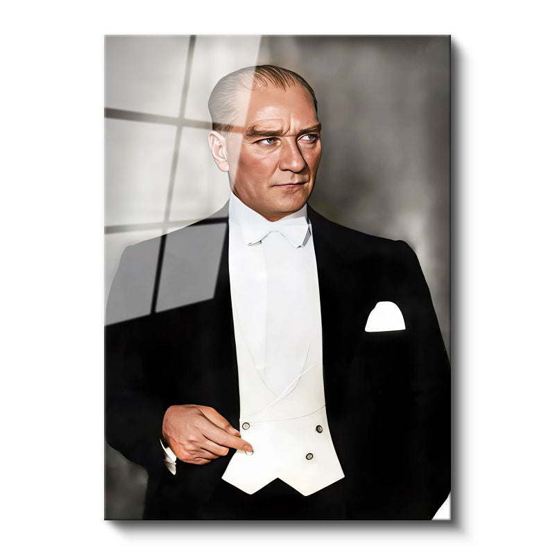 Tamperli Gerçek Cam Tablo Atatürk Smokin Frak Beyaz Yelek Atatürk Tablosu Duvar Dekoru
