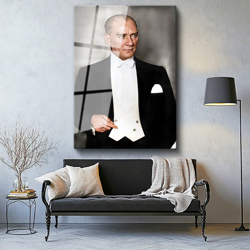 Tamperli Gerçek Cam Tablo Atatürk Smokin Frak Beyaz Yelek Atatürk Tablosu Duvar Dekoru