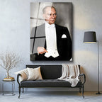 Tamperli Gerçek Cam Tablo Atatürk Smokin Frak Beyaz Yelek Atatürk Tablosu Duvar Dekoru