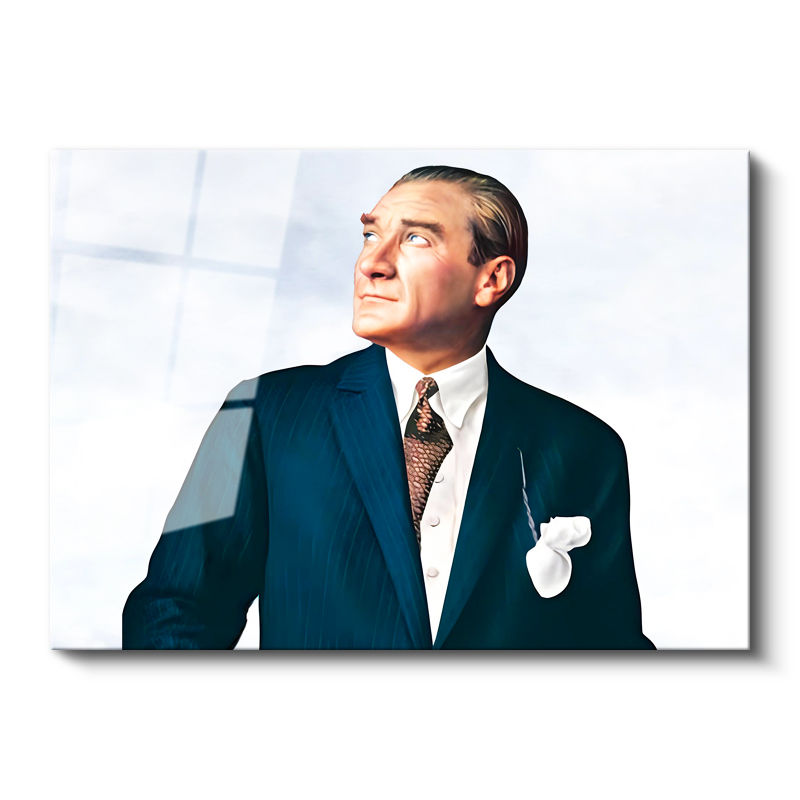Tamperli Gerçek Cam Tablo Atatürk Bulutlu Fon Portre Atatürk Tablosu Duvar Dekoru