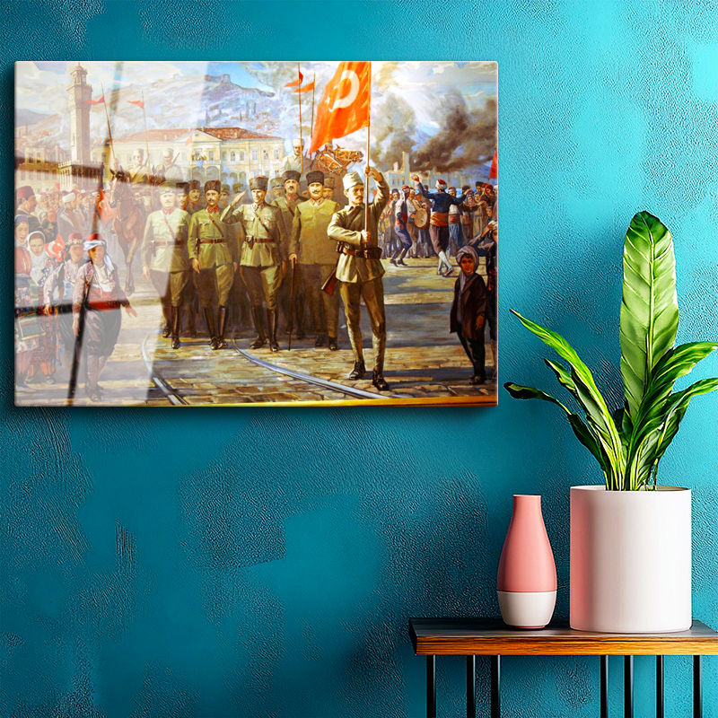 Tamperli Gerçek Cam Tablo Atatürk İzmir Girişi Atatürk Tablosu Duvar Dekoru