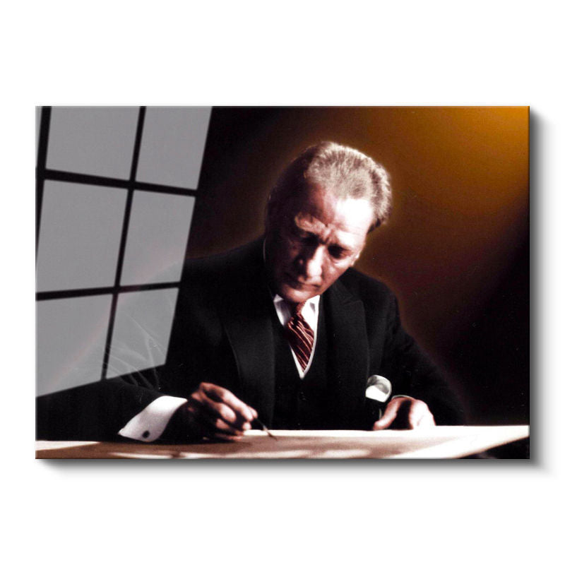 Tamperli Gerçek Cam Tablo Atatürk Masada İmza Anı Atatürk Tablosu Duvar Dekoru