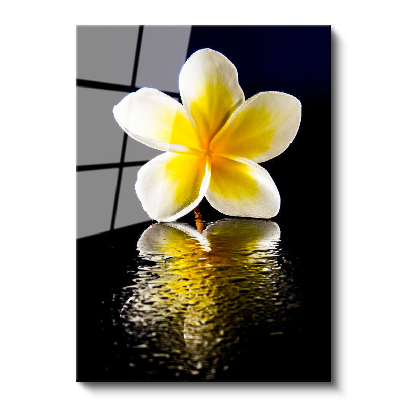 Tamperli Gerçek Cam Tablo Sarı Beyaz Plumeria Yansıma Çiçek Tablosu Duvar Dekoru