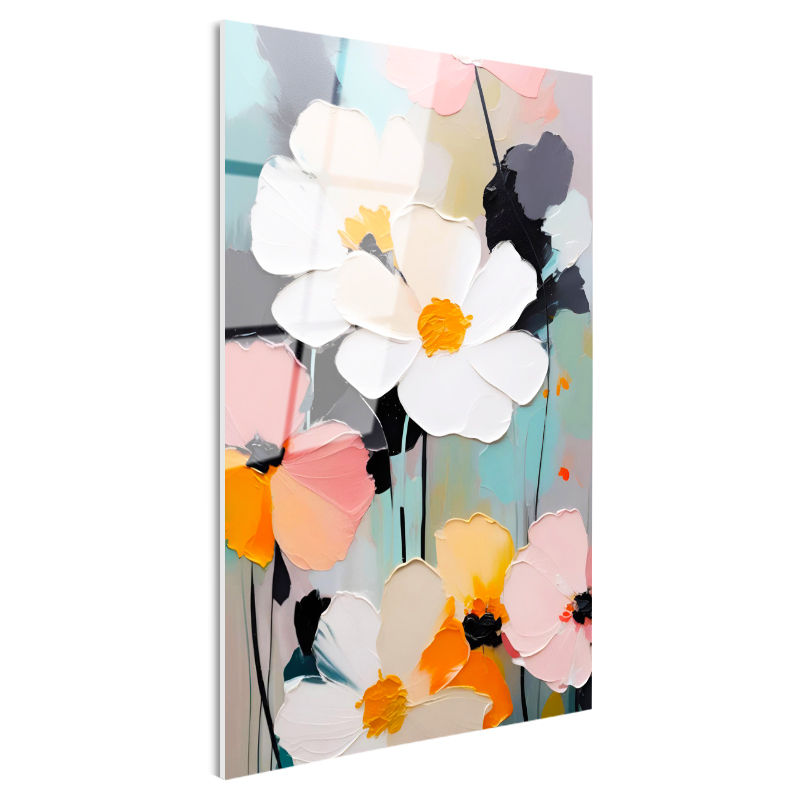 Tamperli Gerçek Cam Tablo Kabartma Görünümlü Boya Efektli Çiçek Tablosu Duvar Dekoru
