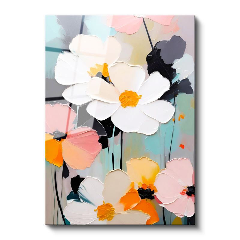 Tamperli Gerçek Cam Tablo Kabartma Görünümlü Boya Efektli Çiçek Tablosu Duvar Dekoru