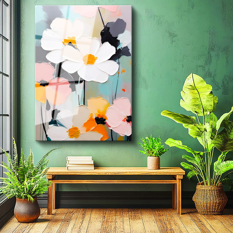 Tamperli Gerçek Cam Tablo Kabartma Görünümlü Boya Efektli Çiçek Tablosu Duvar Dekoru