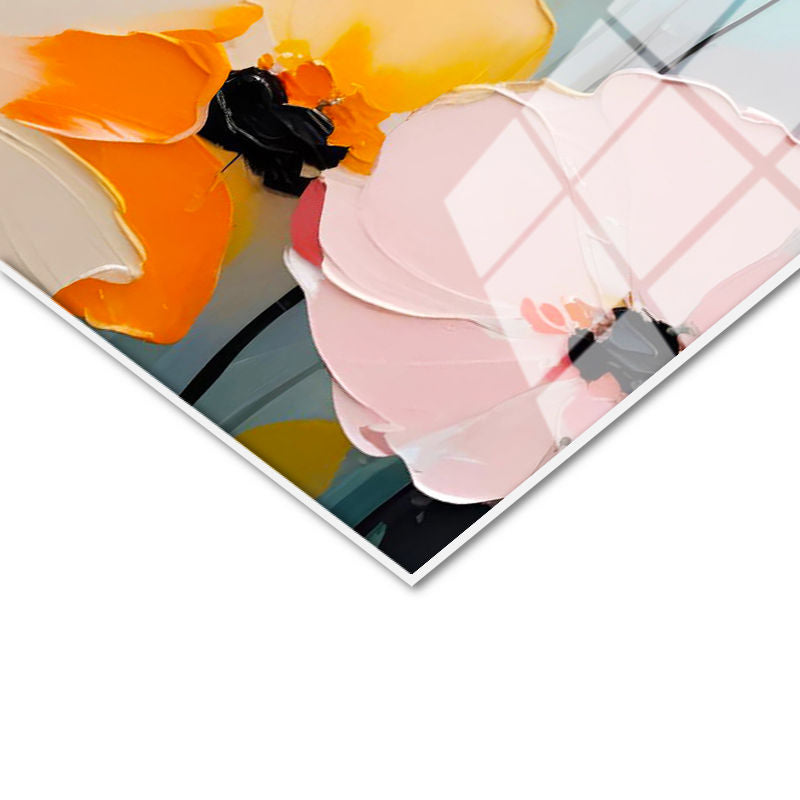 Tamperli Gerçek Cam Tablo Kabartma Görünümlü Boya Efektli Çiçek Tablosu Duvar Dekoru