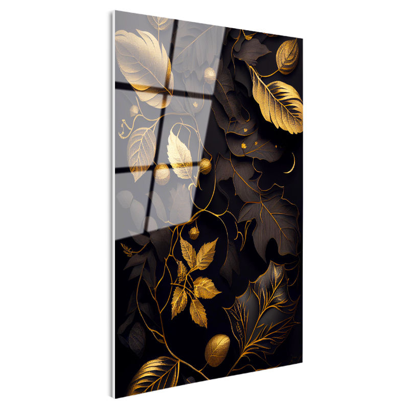 Tamperli Gerçek Cam Tablo Altın Yaldız Görünümlü Yapraklar Çiçek Tablosu Duvar Dekoru
