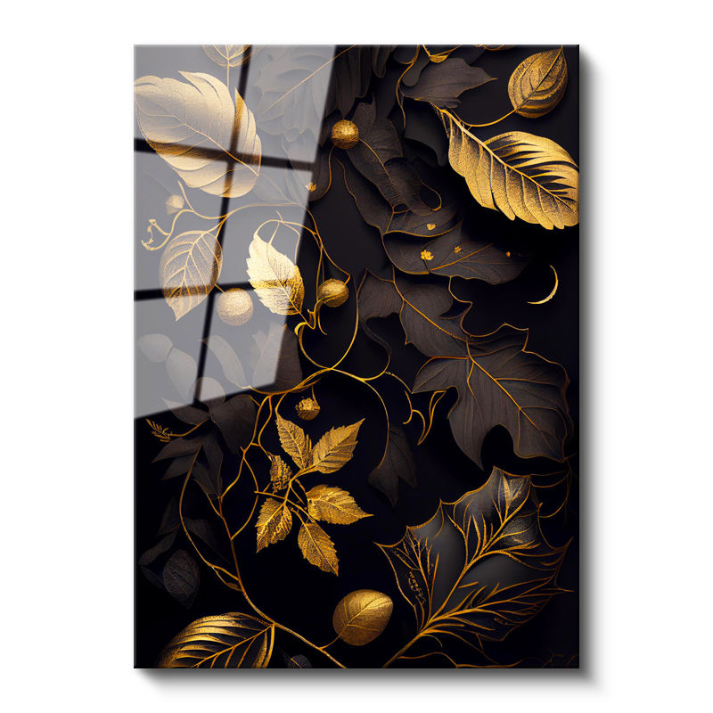 Tamperli Gerçek Cam Tablo Altın Yaldız Görünümlü Yapraklar Çiçek Tablosu Duvar Dekoru