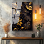 Tamperli Gerçek Cam Tablo Altın Yaldız Görünümlü Yapraklar Çiçek Tablosu Duvar Dekoru