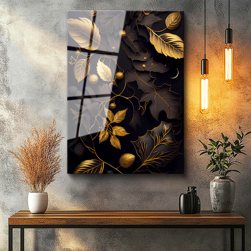 Tamperli Gerçek Cam Tablo Altın Yaldız Görünümlü Yapraklar Çiçek Tablosu Duvar Dekoru
