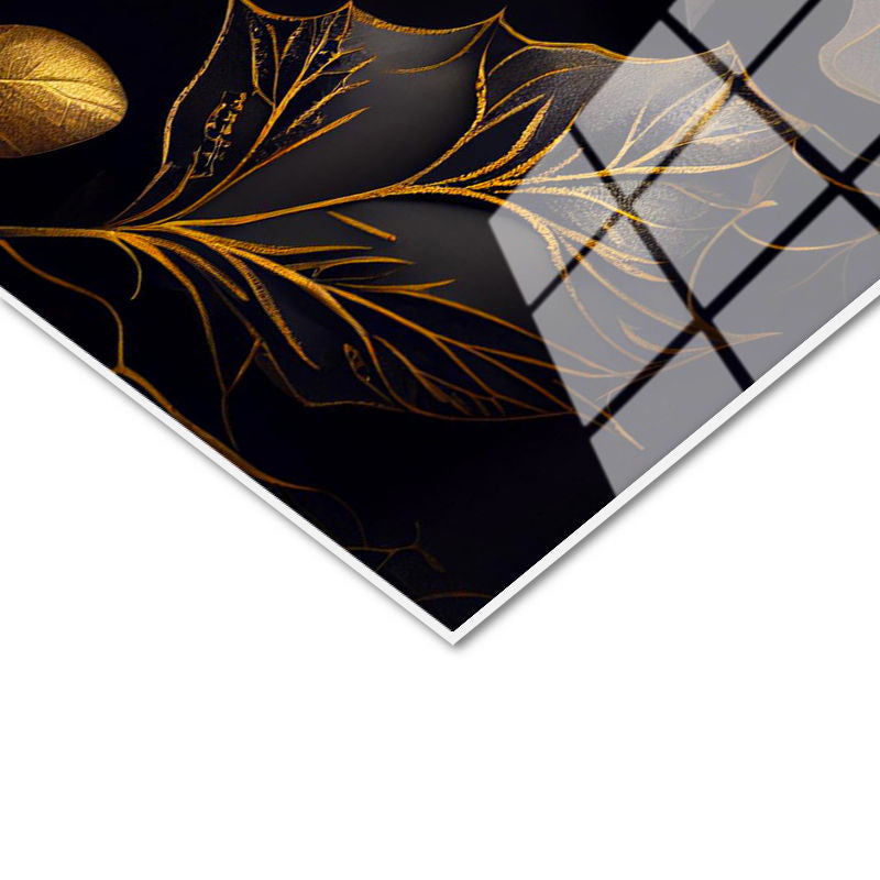 Tamperli Gerçek Cam Tablo Altın Yaldız Görünümlü Yapraklar Çiçek Tablosu Duvar Dekoru