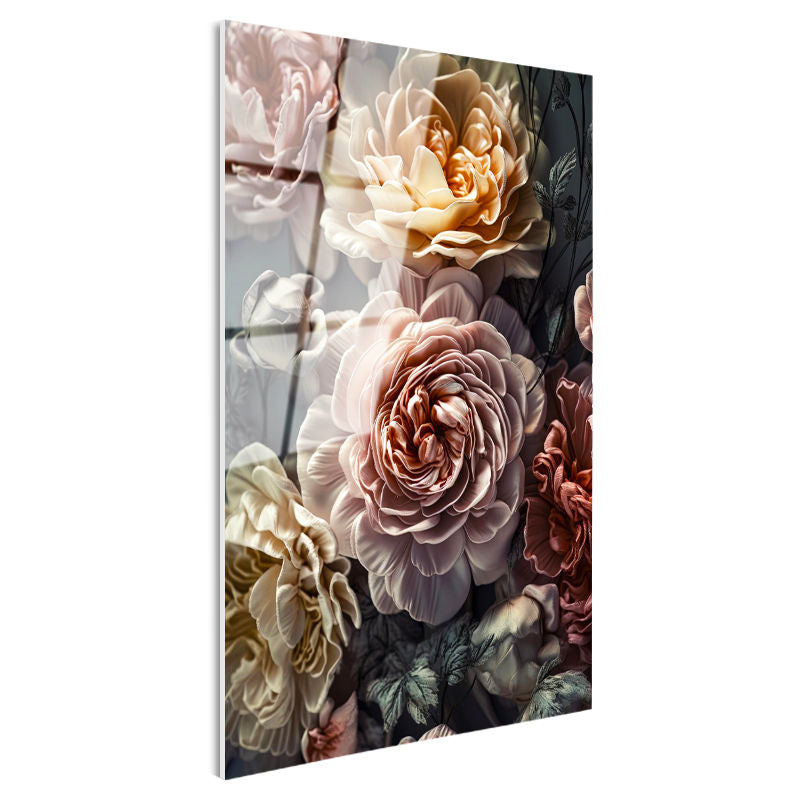 Tamperli Gerçek Cam Tablo Kat Kat Yapraklı Pastel Çiçekler Çiçek Tablosu Duvar Dekoru